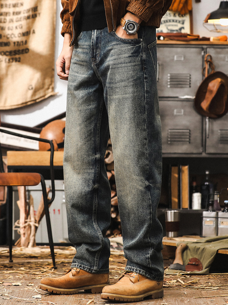 美式復古秋季牛仔褲男直筒潮牌工裝褲子男寬松納米水洗休閒長褲男