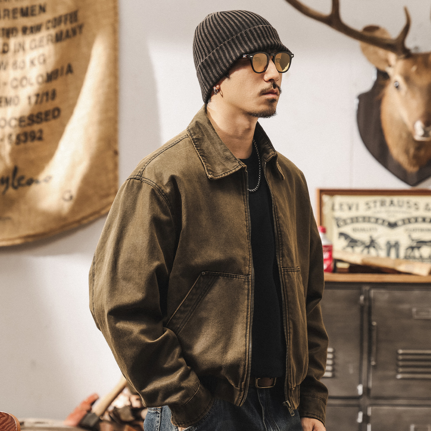 美式復古工裝油蠟皮夾克男秋季潮牌機車短款硬漢巴恩風外套男春秋