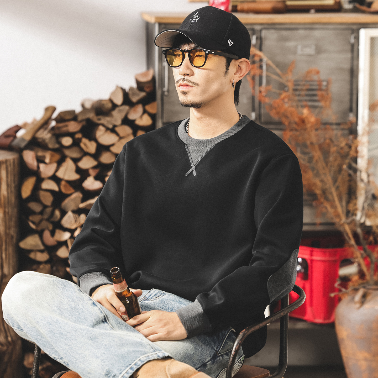 美式復古重磅圓領衛衣男春秋新款撞色假兩件潮牌寬鬆大碼休閒上衣