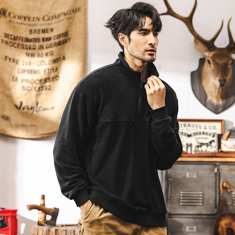 美式復古重磅加絨衛衣男冬季加厚半拉鍊抓絨衣男潮牌男士秋冬外套