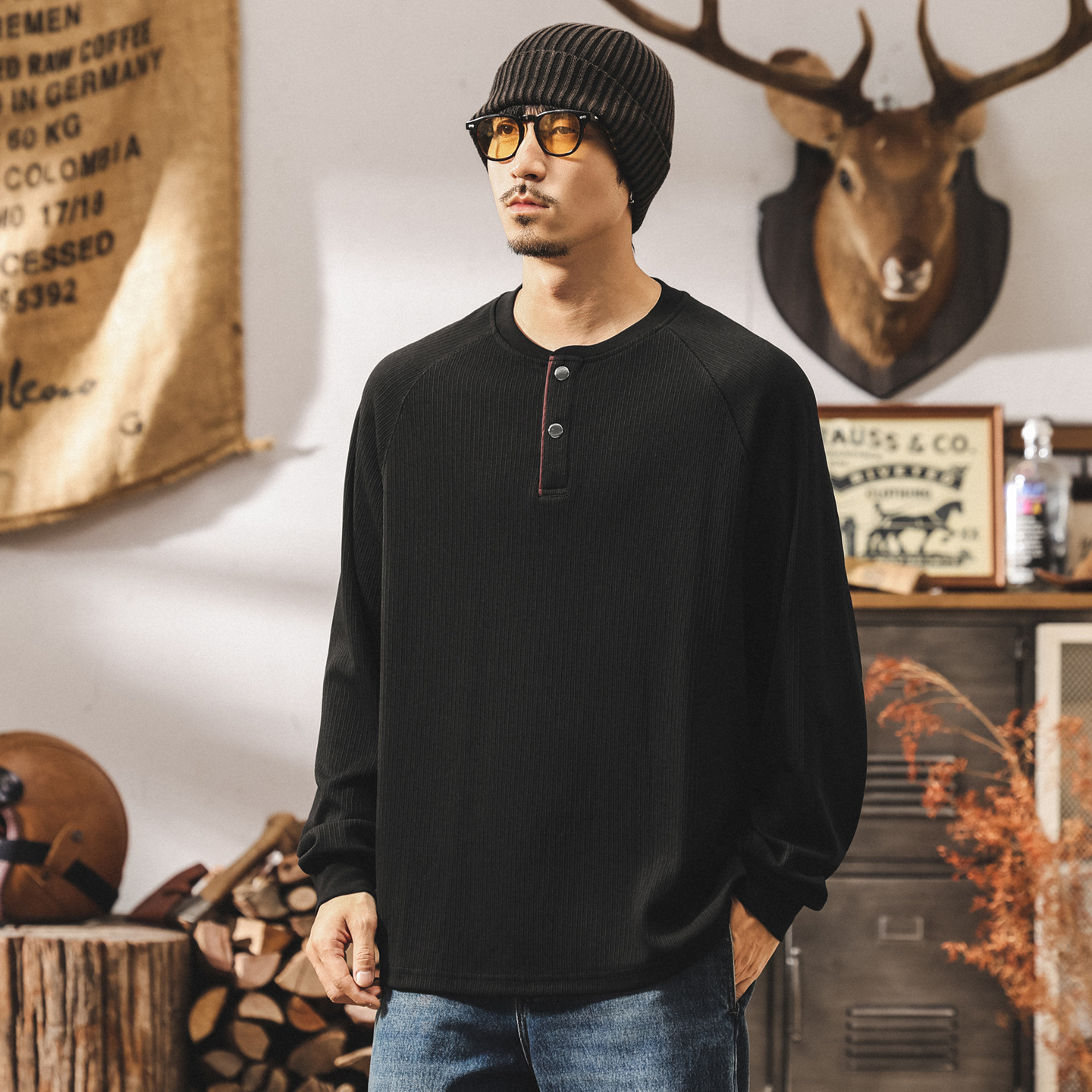 美式復古280g重磅長袖t恤男寬鬆秋季新款條紋肌理亨利領polo衫男