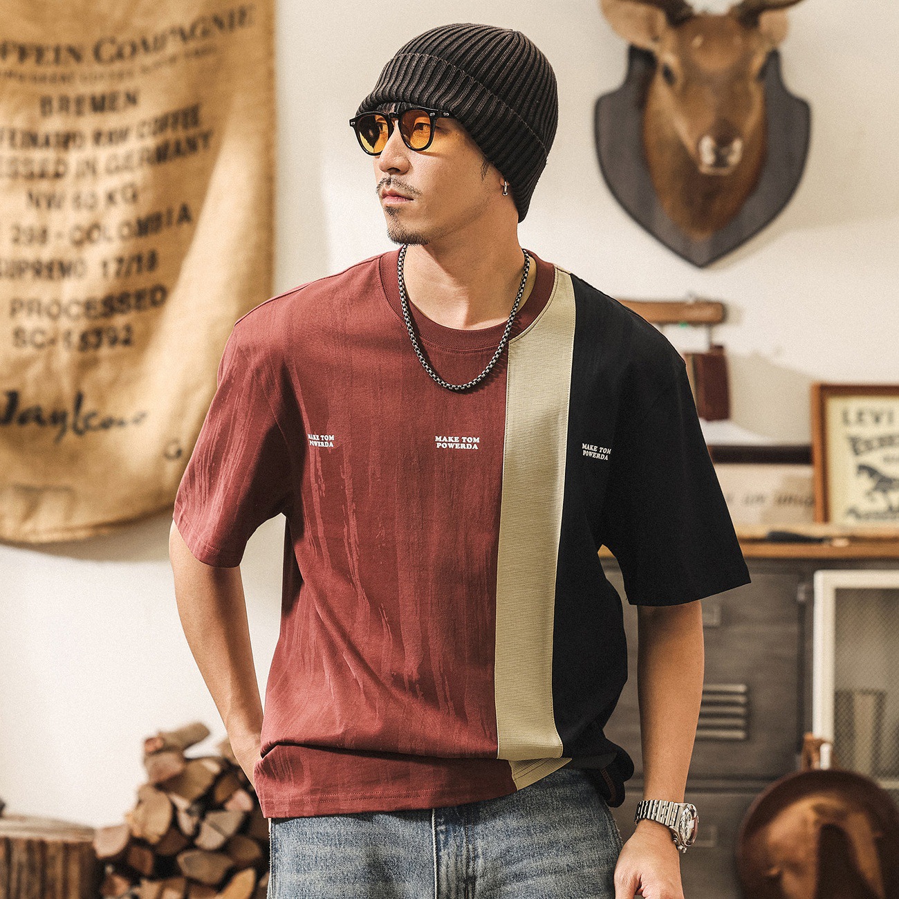 美式復古潮牌拼接撞色短袖男夏季2026新款重磅T恤男寬鬆上衣