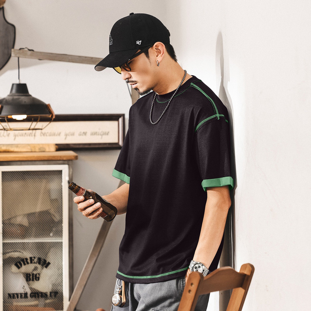 夏季涼感速幹T恤男7A級抗菌防蟎拼色假兩件寬鬆男士短袖上衣T體恤