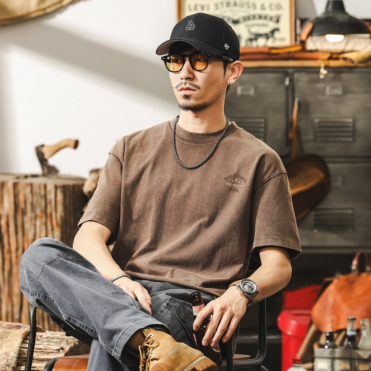 美式復古做舊水洗短袖夏季男士T恤2025新款潮牌寬鬆印花衣服