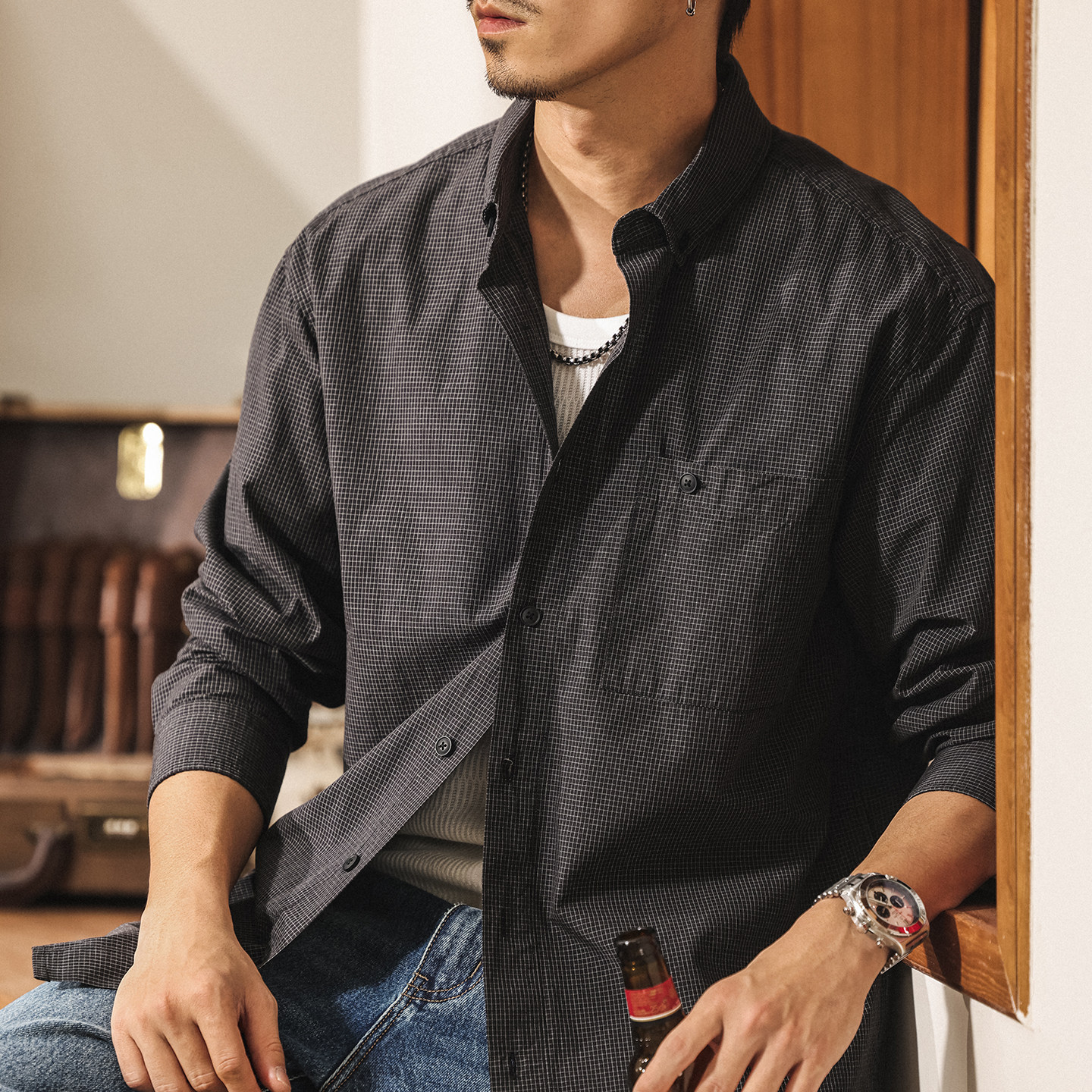 美式復古老錢風薄款千鳥格襯衫男款春季潮流長袖襯衣男士寬鬆外套