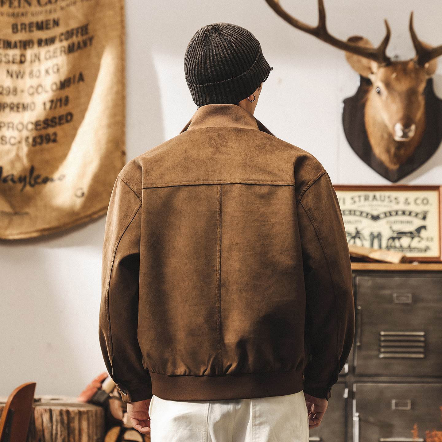 美式重磅復古麂皮絨外套男春秋美拉德古着寬鬆機車立領工裝夾克男