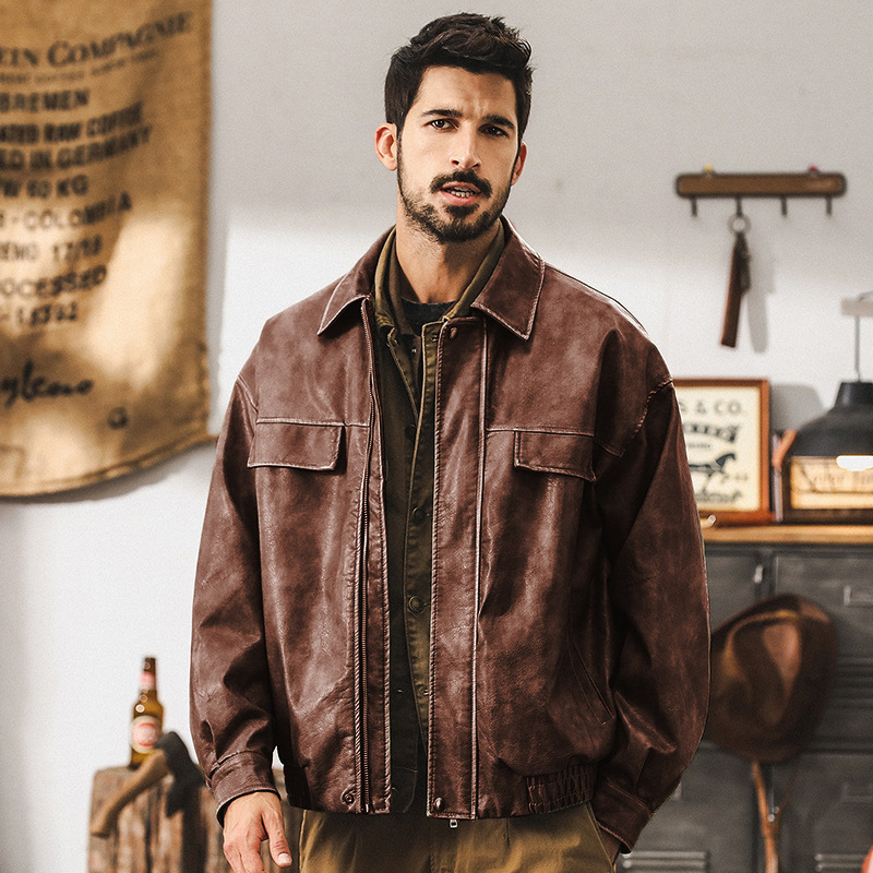 美式復古機車軟皮衣外套男秋季2024新款潮流痞帥硬核PU皮工裝夾克