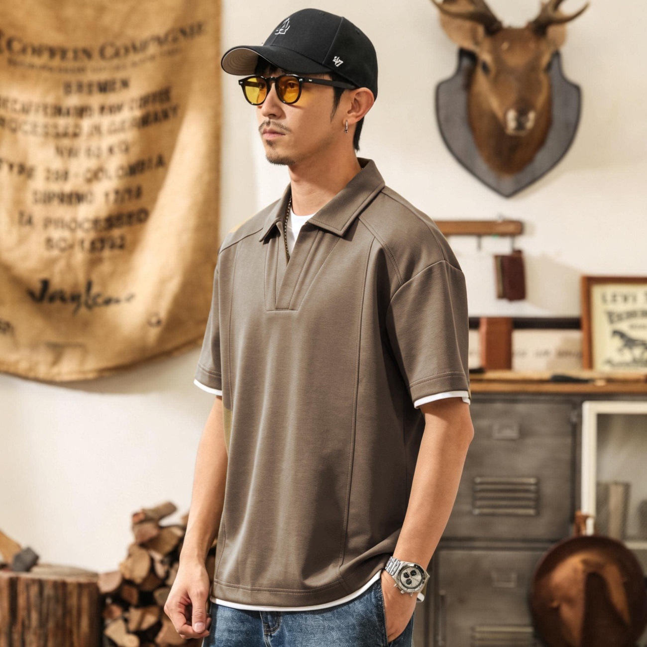 美式復古假兩件果凍棉涼感短袖Polo衫男夏季新款潮牌寬鬆男士T恤