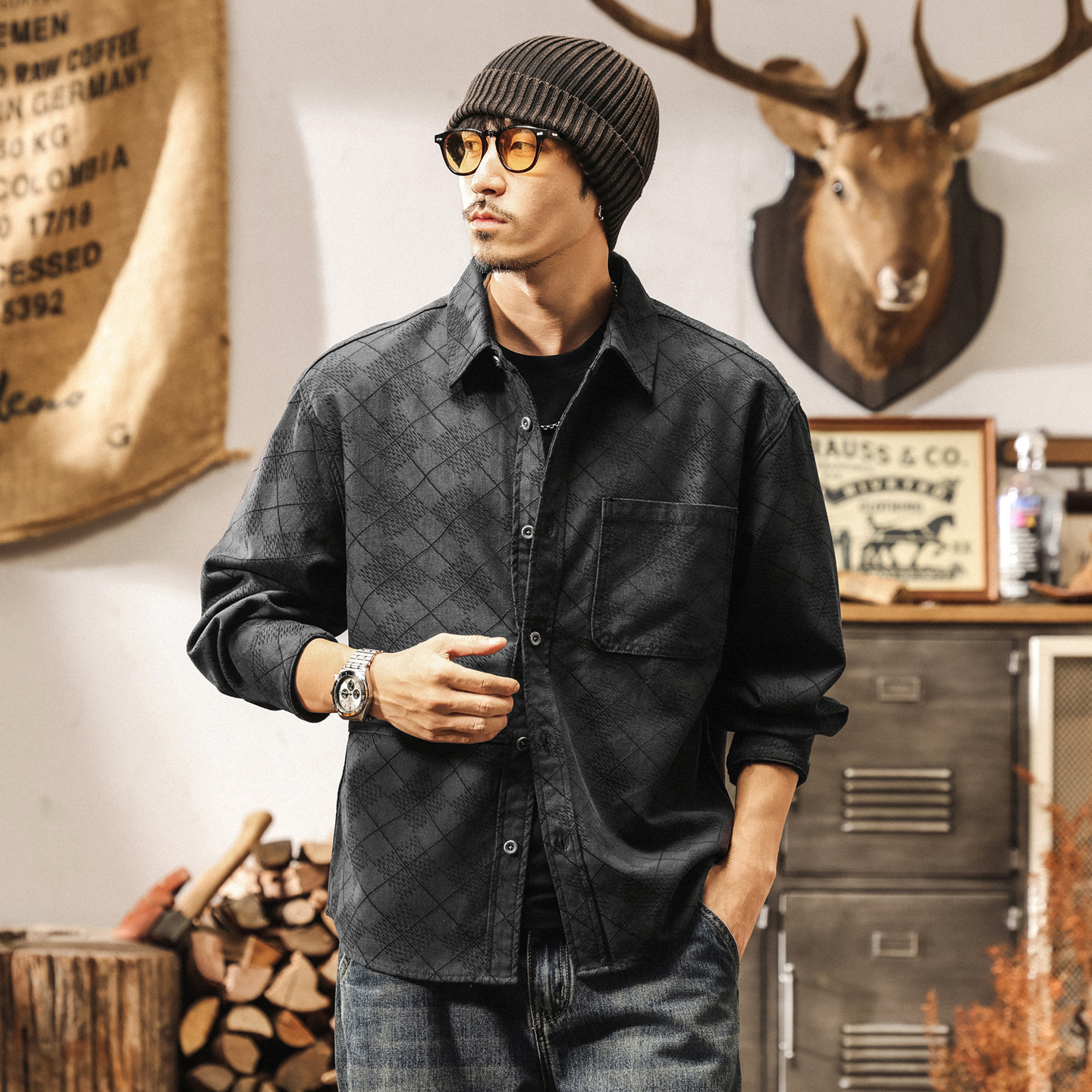 高級感竹纖維萊賽爾格紋襯衫男長袖秋季新款美式復古寬鬆襯衣外套