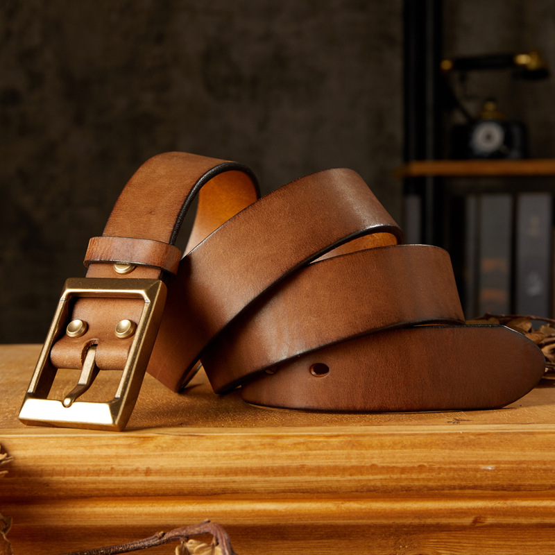 手工頭層牛皮實心黃銅扣皮帶個性男士針扣復古休閒工裝牛仔褲腰帶