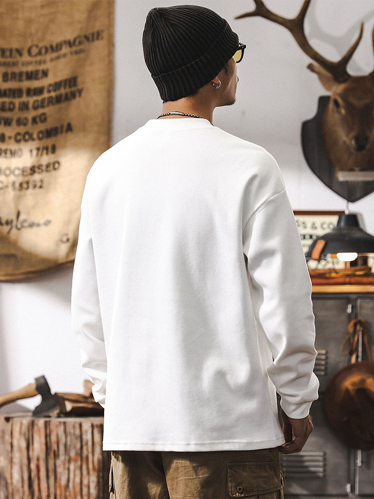 美式復古300g重磅磨毛長袖T恤男春季2025新款寬鬆簡約白色衛衣男