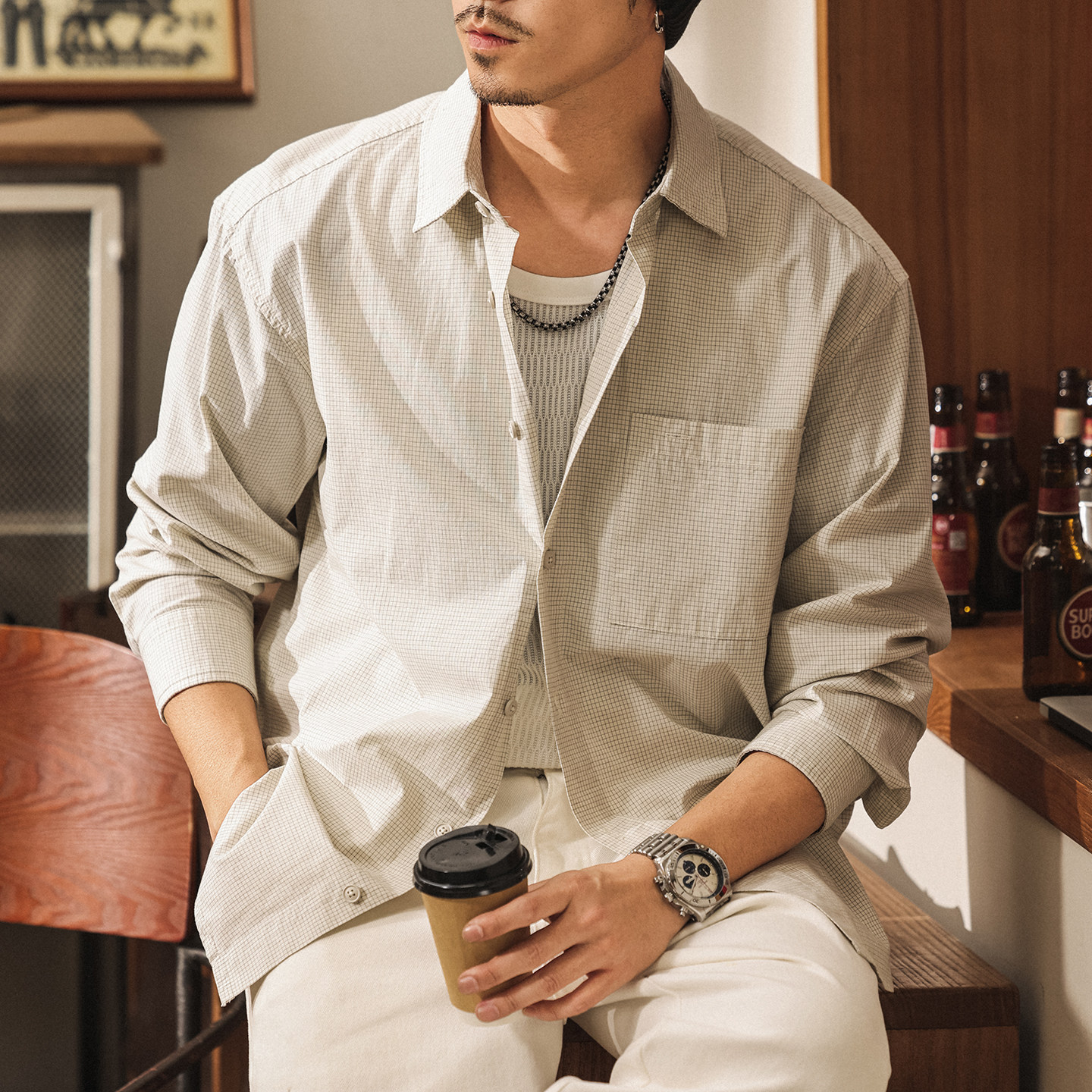 美式復古千鳥格長袖襯衫男士2026新款春季外套潮牌寬鬆襯衣男