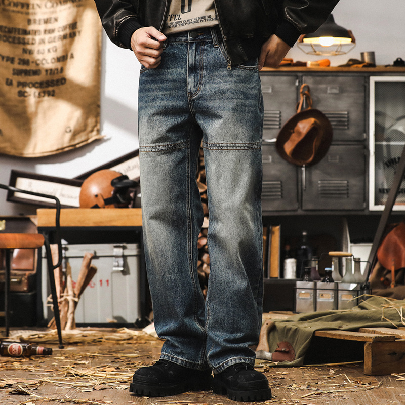 美式復古秋季牛仔褲男寬鬆直筒2024新款工裝褲子男潮牌休閒長褲男