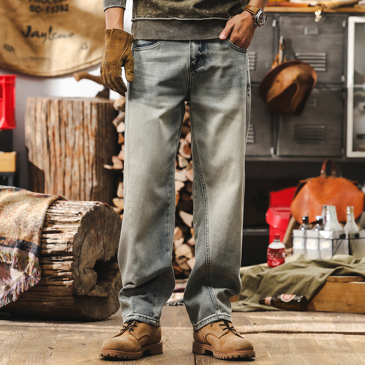 美式復古分割立體剪裁牛仔褲男直筒春季潮牌黃泥染水洗休閒長褲男