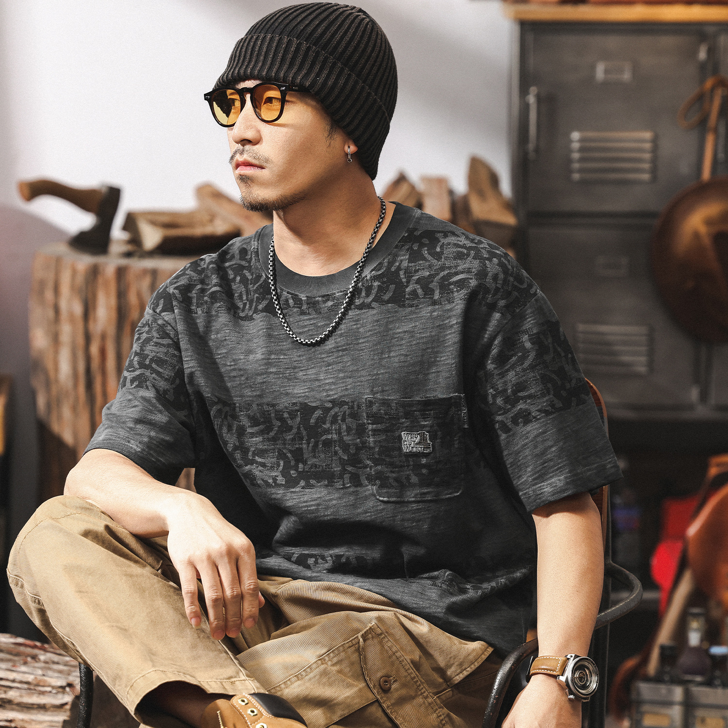 高級感竹節棉T恤男夏季2025新款潮流紋理條紋印花短袖男寬鬆上衣T