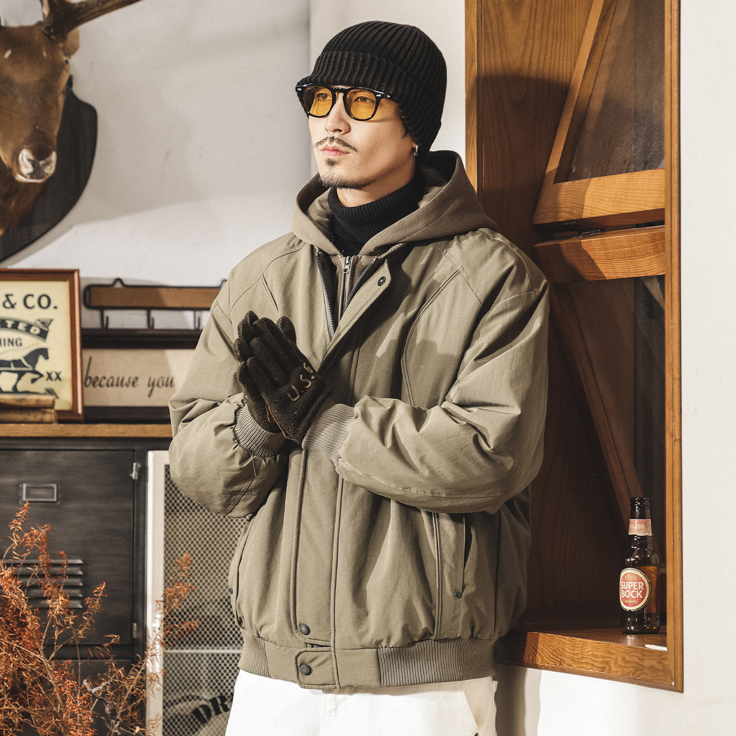 美式復古假兩件連帽冬季工裝羽絨服男寬鬆加厚90鴨絨禦寒保暖外套