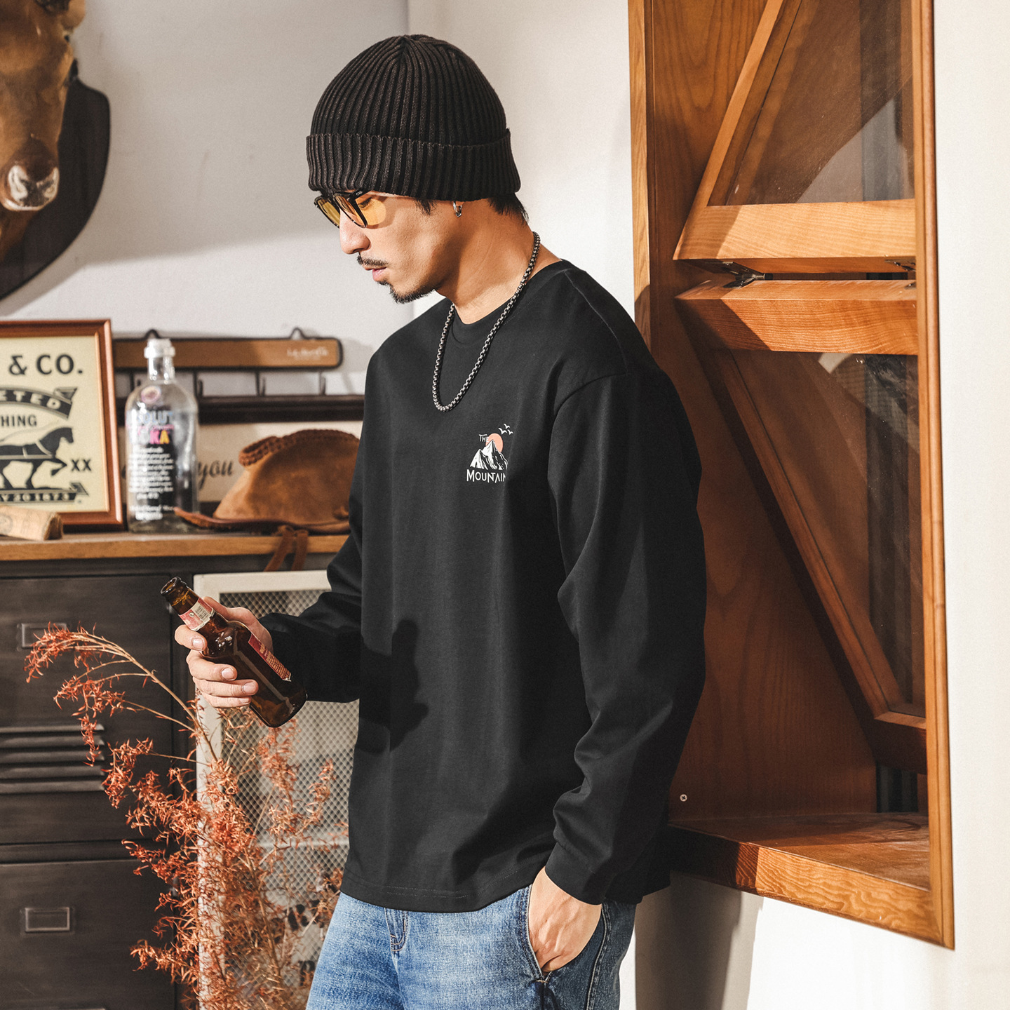 美式山系復古長袖t恤男秋季2025新款寬鬆大碼男裝重磅純棉上衣男T