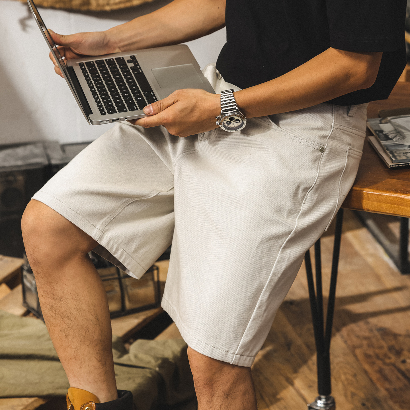 美式高級感白色牛仔短褲男夏季新款潮牌男士五分褲寬鬆休閒中褲潮