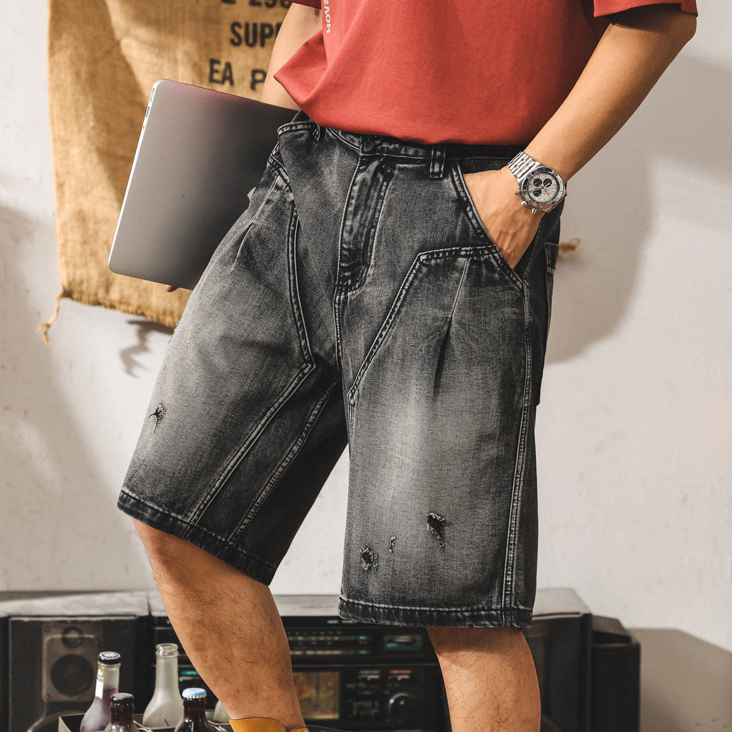 夏季新款破洞牛仔短褲男寬鬆大碼美式高街潮牌五分褲男士休閒中褲