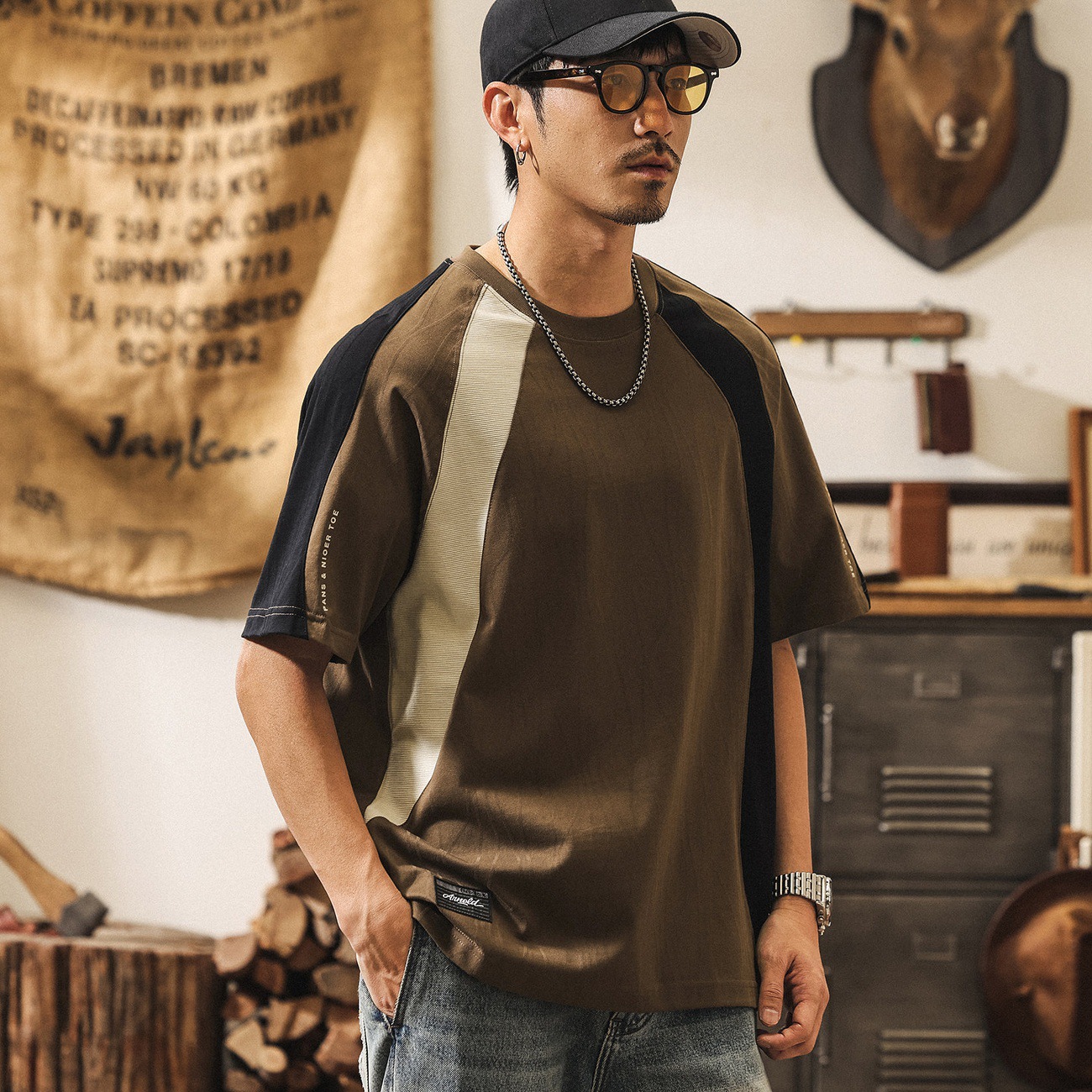 美式復古重磅撞色拼接短袖男T恤夏季潮牌寬鬆酒紅色男裝上衣