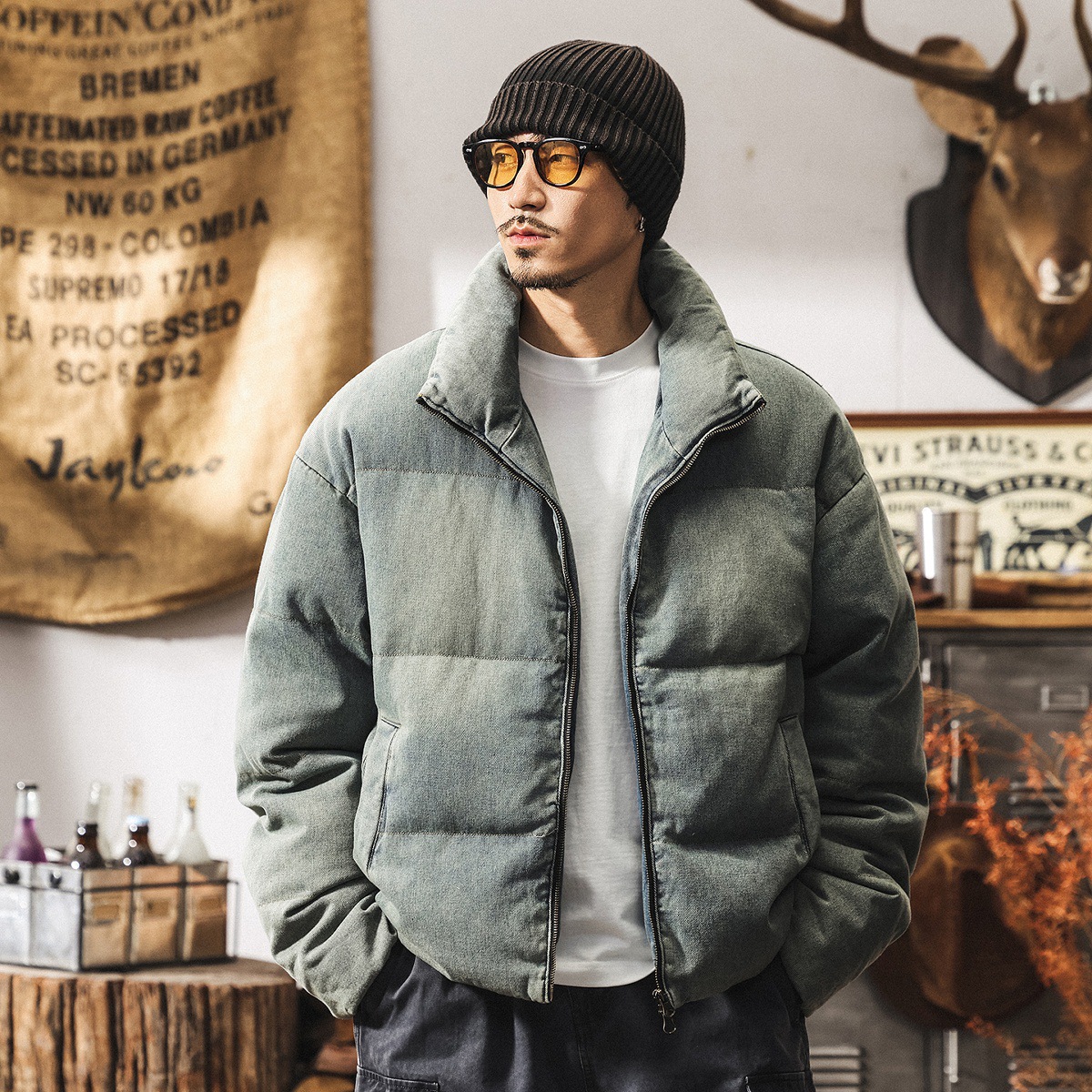 高充絨蓬鬆白鴨絨男士羽絨服冬季新款潮牌加厚保暖麪包服牛仔外套