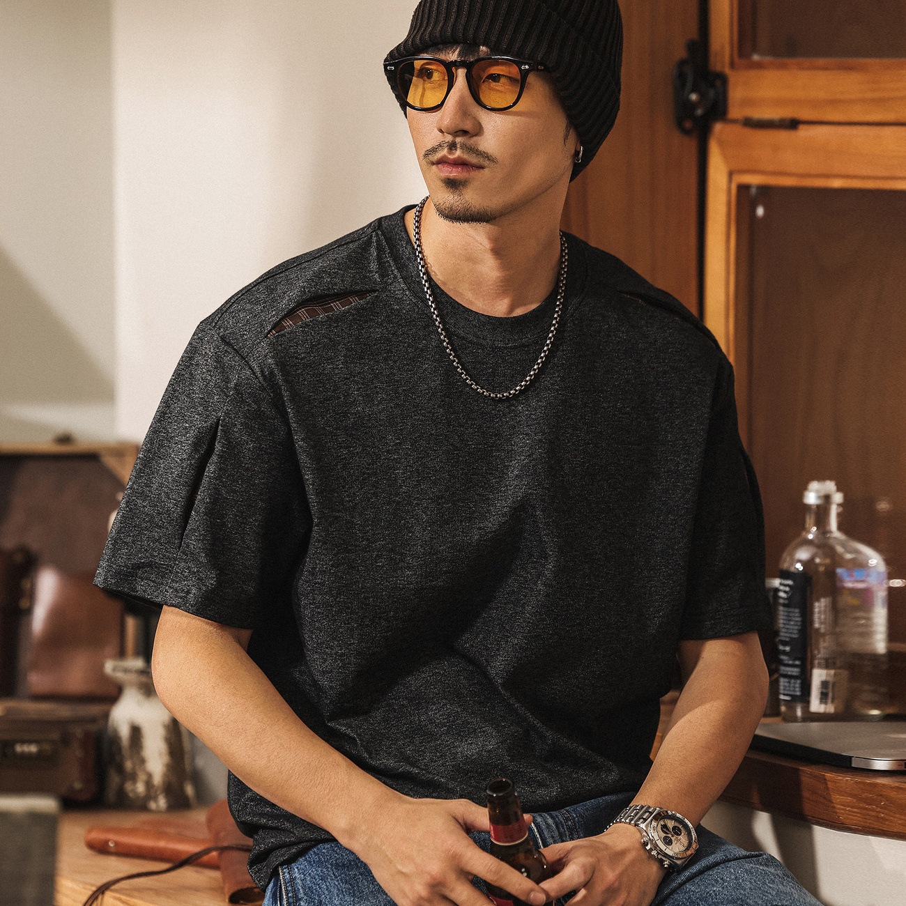 美式復古開口笑小解構男士短袖T恤夏季2026新款潮流拼接寬鬆上衣T