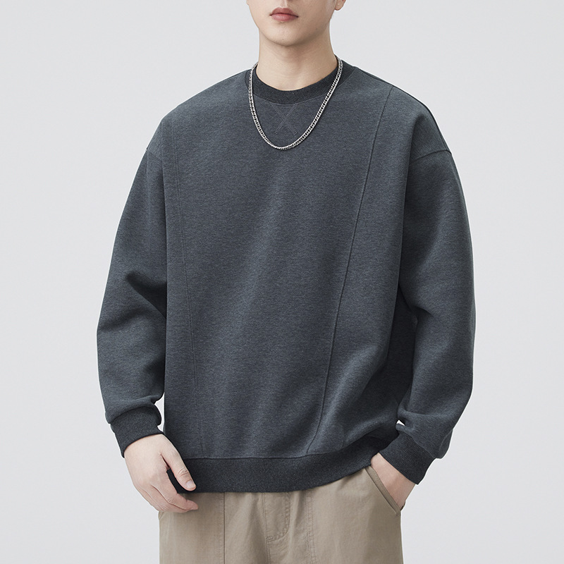 日系復古秋季新款男士拼接設計長袖衛衣寬鬆百搭潮圓領休閒純色T