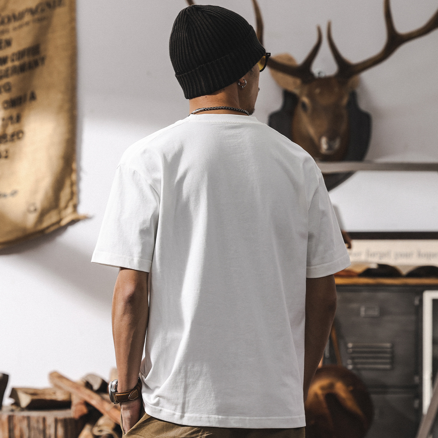 美式復古T恤男夏季重磅純色短袖潮牌寬鬆簡約百搭圓領上衣男