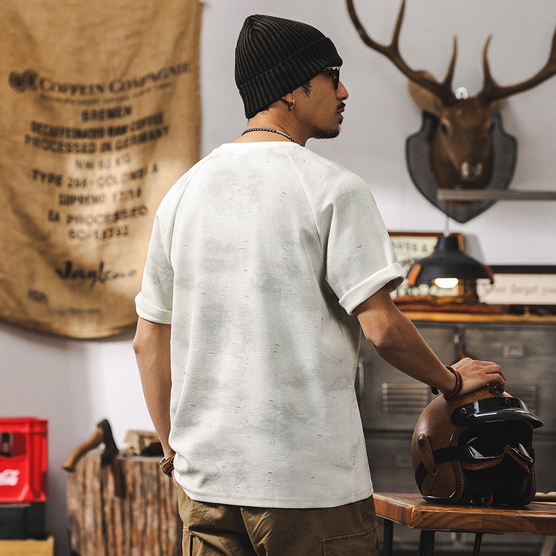 提花涼感短袖男夏季T恤2025新款美式復古潮流破壞風痞帥寬鬆上衣T