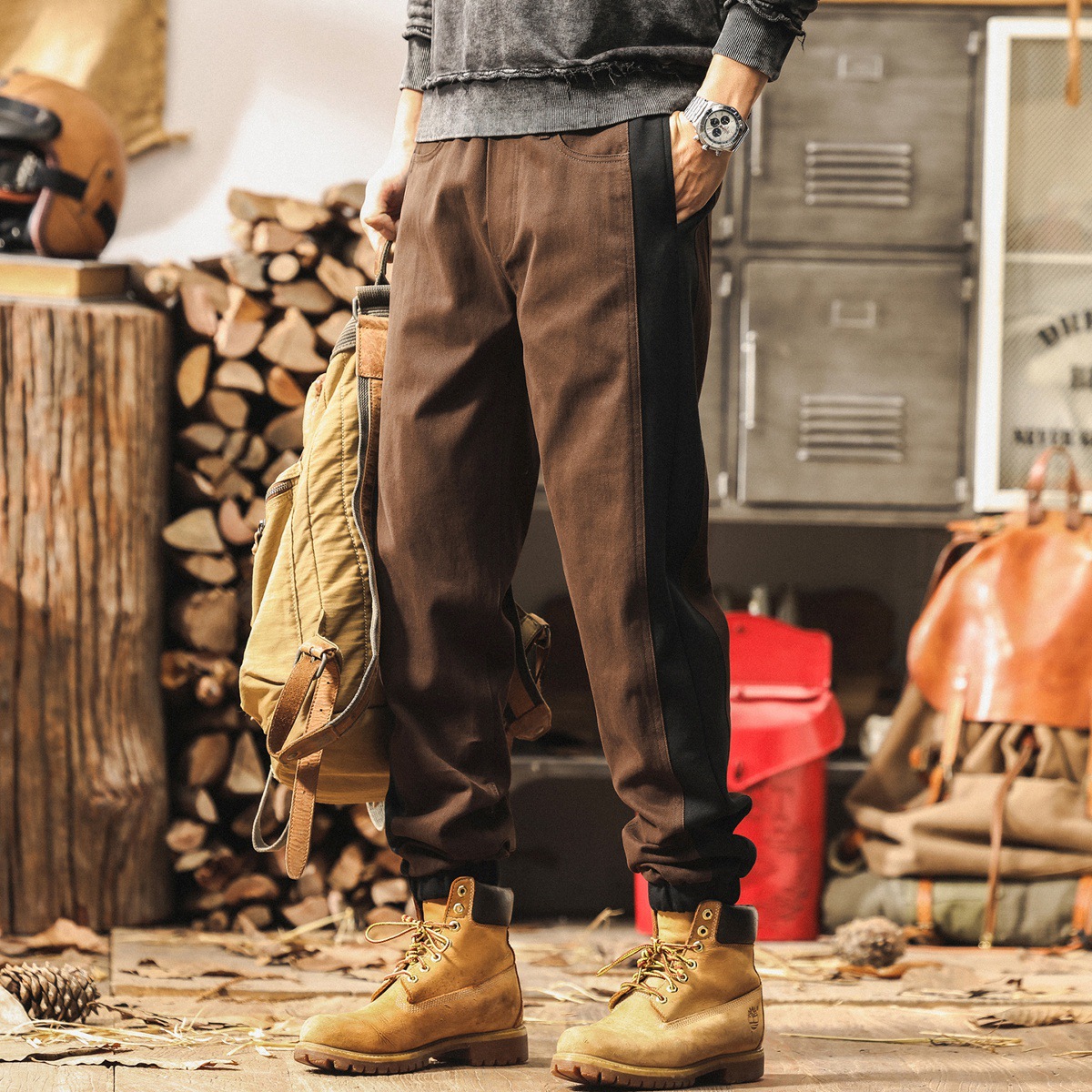 美式復古潮流設計感休閒褲男寬鬆2025新款針織拼接秋季男士褲子潮