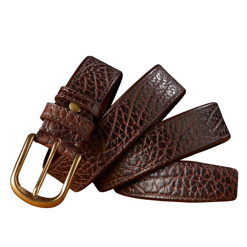 手工真皮男士野牛皮純銅扣皮帶商務休閒頭層牛皮高檔針扣腰帶潮流