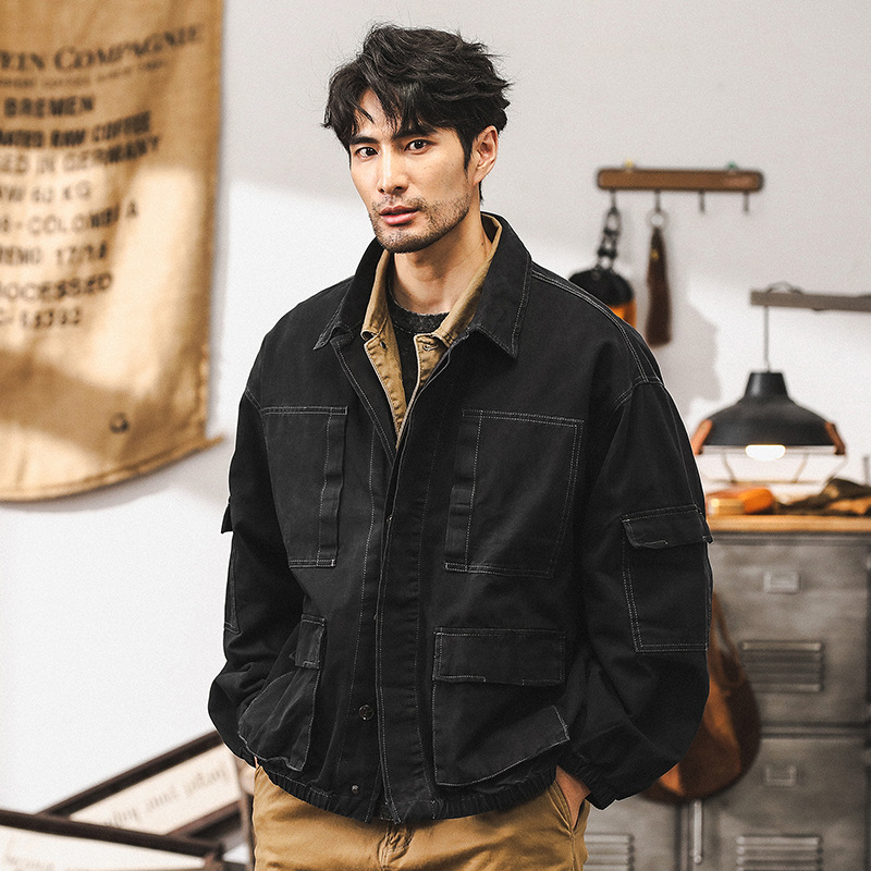 美式復古黑色牛仔外套男春秋款潮牌硬漢獵裝戶外機能工裝秋季夾克