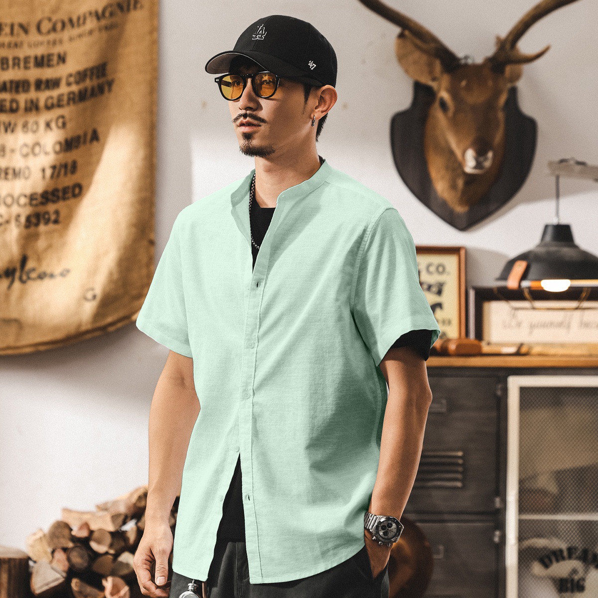 中式復古高級感棉麻襯衫男士短袖夏季新款潮牌寬鬆立領國風襯衣男