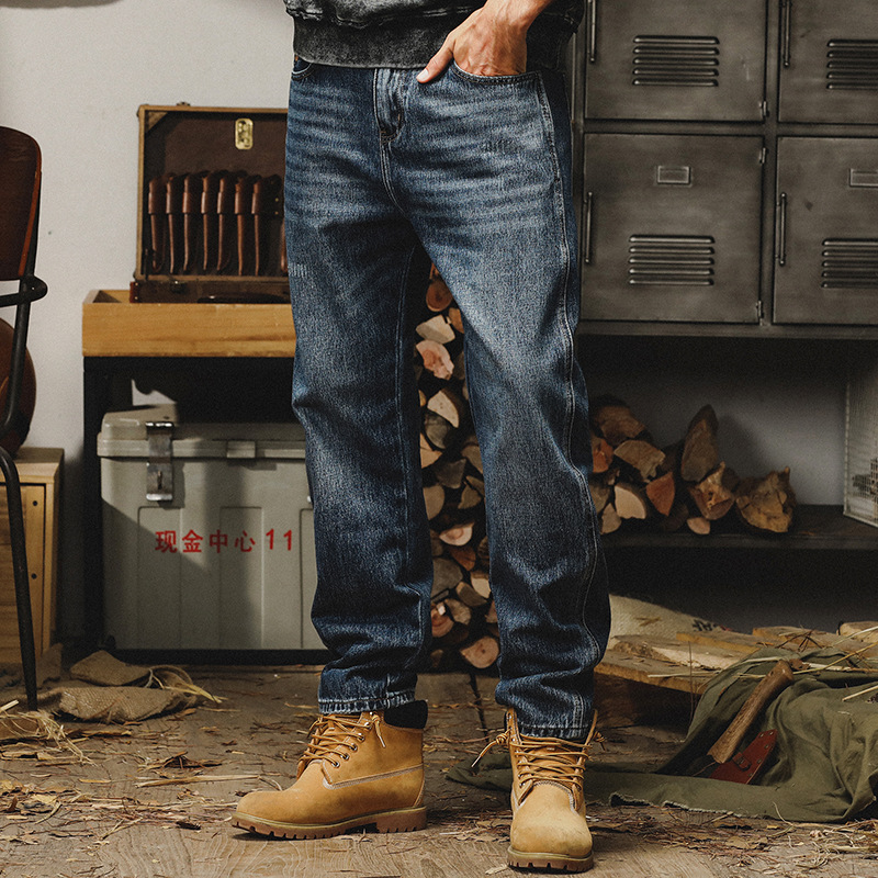 杰雷諾美式重磅石磨水洗牛仔褲男直筒寬鬆春秋季刺繡休閒長褲子男