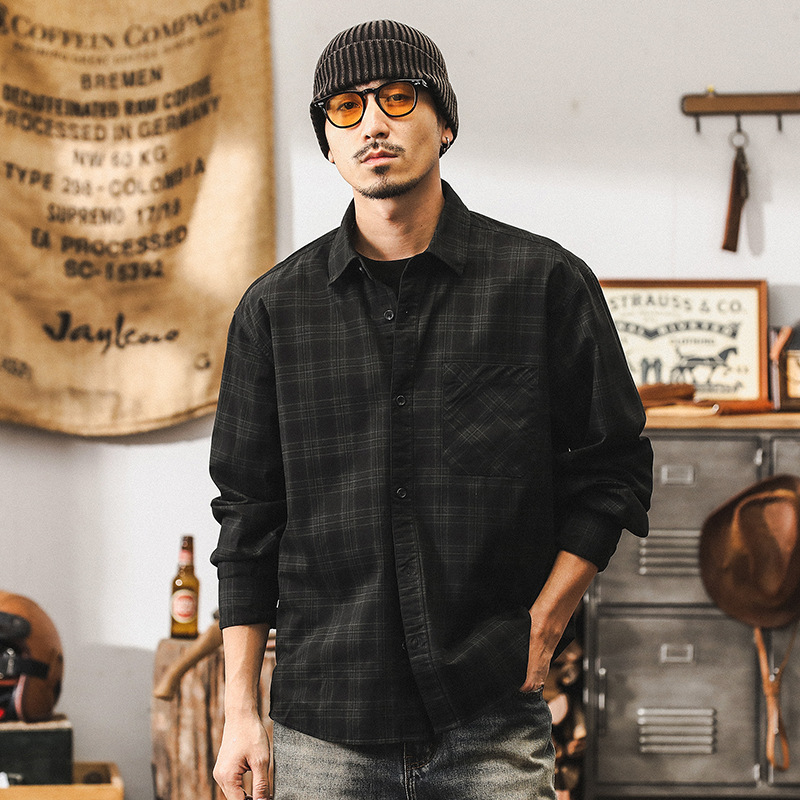美式復古格子襯衫男長袖秋季潮牌高級感痞帥襯衣男士寬鬆上衣外套