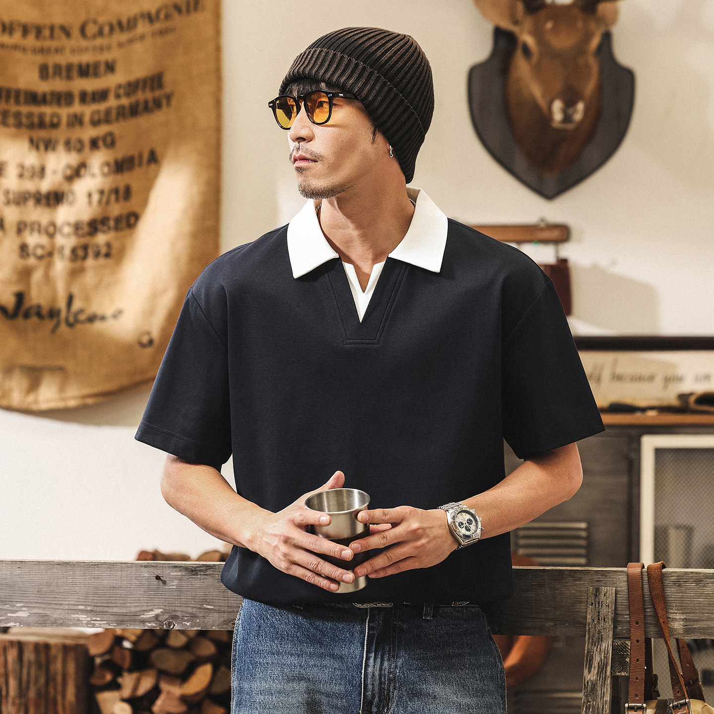 美式復古短袖T恤男夏季2026新款寬鬆假兩件polo衫男潮牌半袖上衣