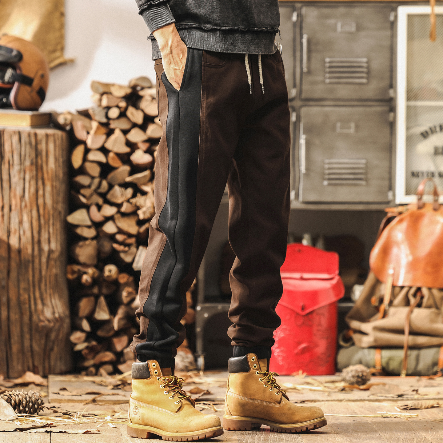 美式復古潮流設計感休閒褲男寬鬆2025新款針織拼接秋季男士褲子潮