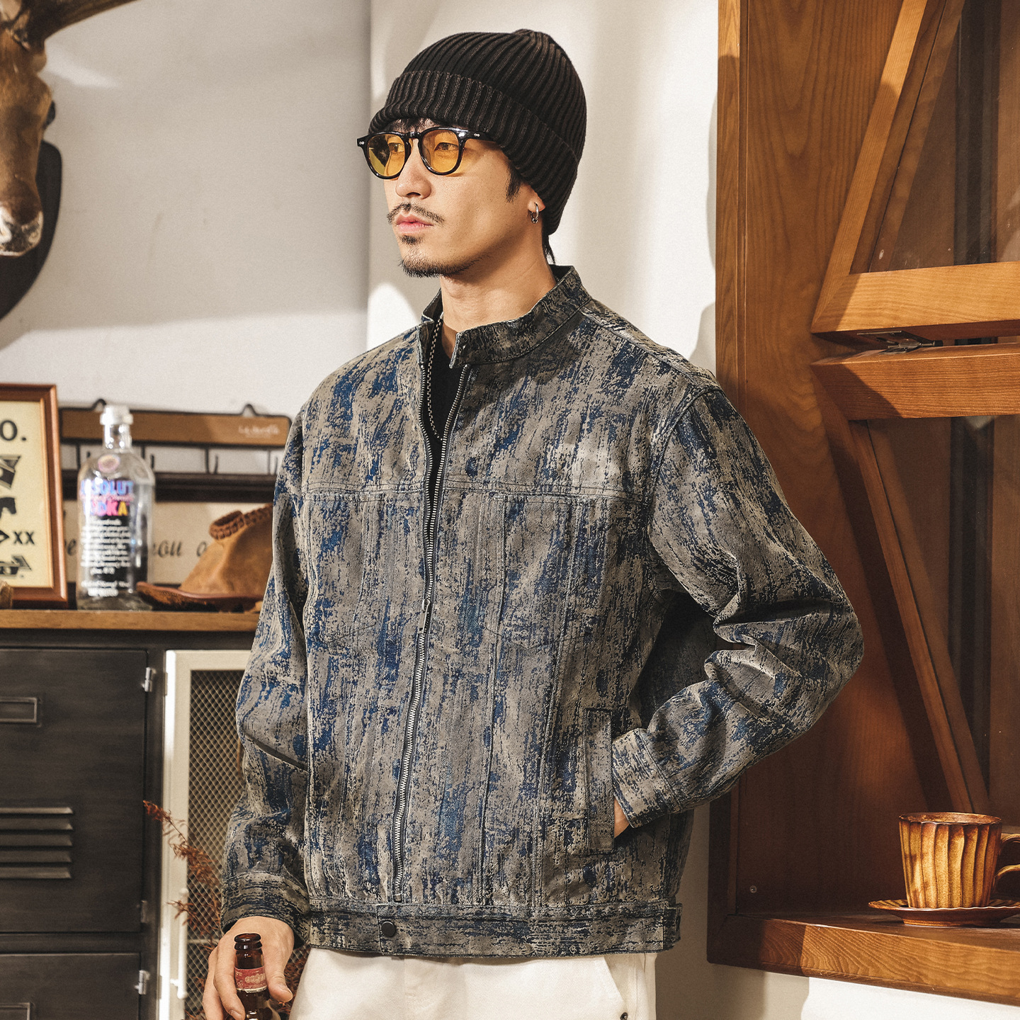 美式復古廢土風植絨牛仔外套男春秋款潮流帥氣寬鬆休閒秋季夾克男