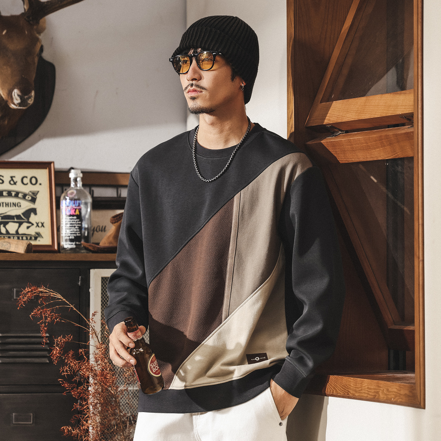 美式復古350g重磅衛衣男款春秋潮牌拼色寬鬆休閒新款男士秋季上衣