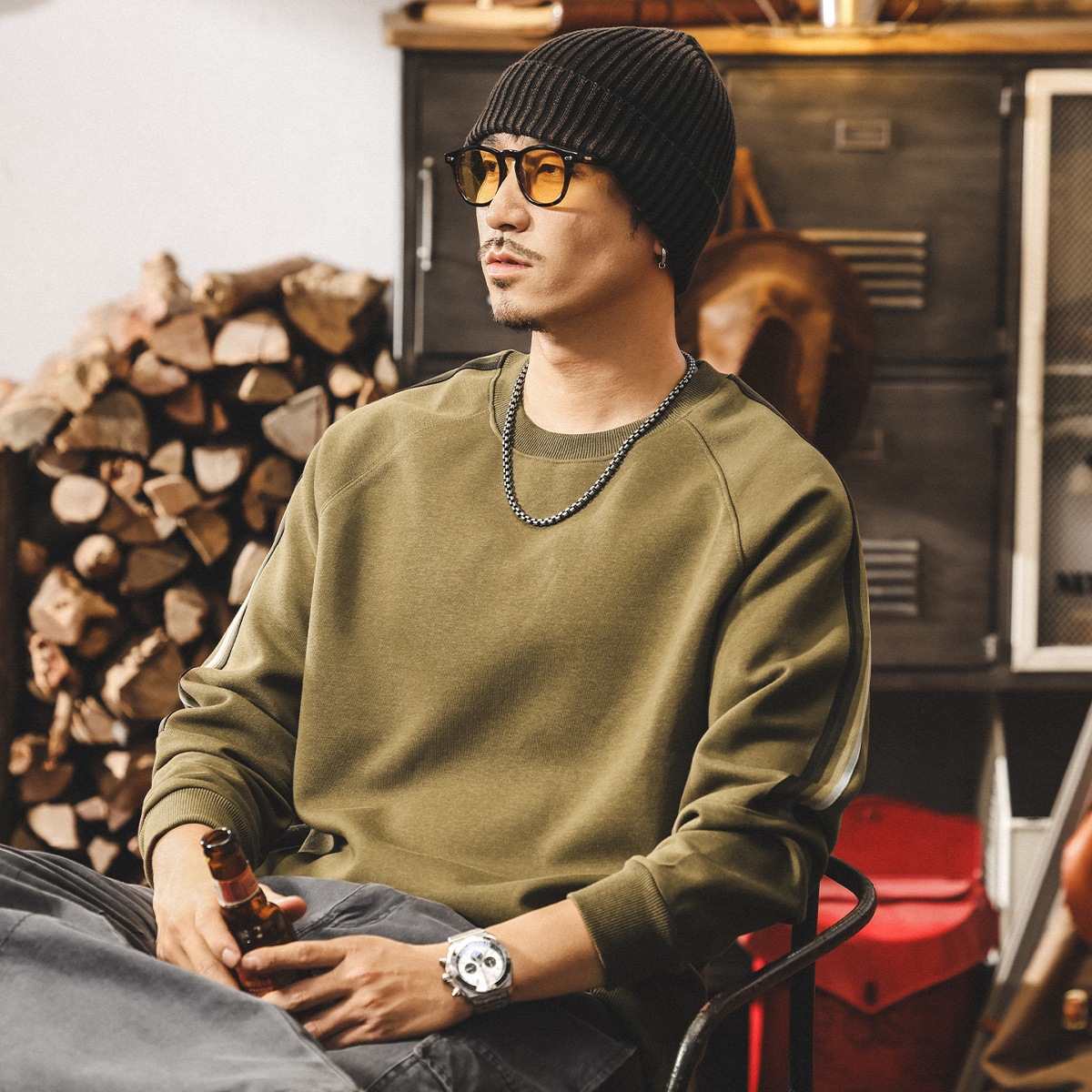 美式復古橄欖綠重磅衛衣男春秋2025新款潮流男士t恤長袖寬鬆上衣