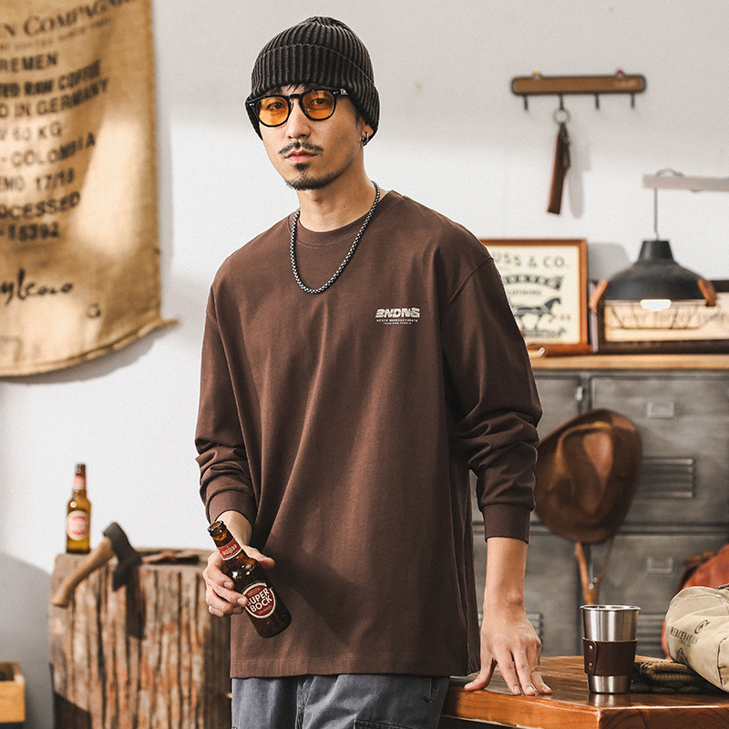 美式復古32支雙紗精梳棉長袖T恤男秋季潮牌300g重磅寬鬆上衣