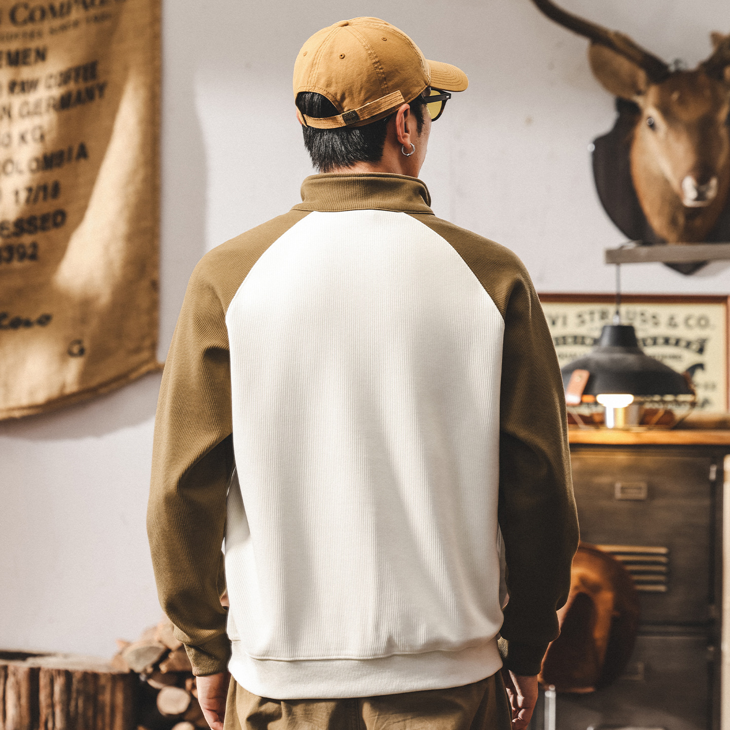 美式復古重磅半拉鍊衛衣男春秋新款潮流撞色立領寬鬆休閒男士上衣