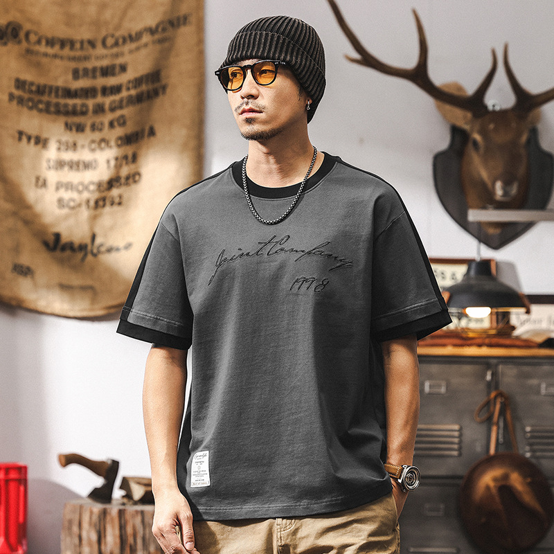 拼接撞色T恤男美式復古短袖夏季2025新款潮牌刺繡寬鬆上衣男
