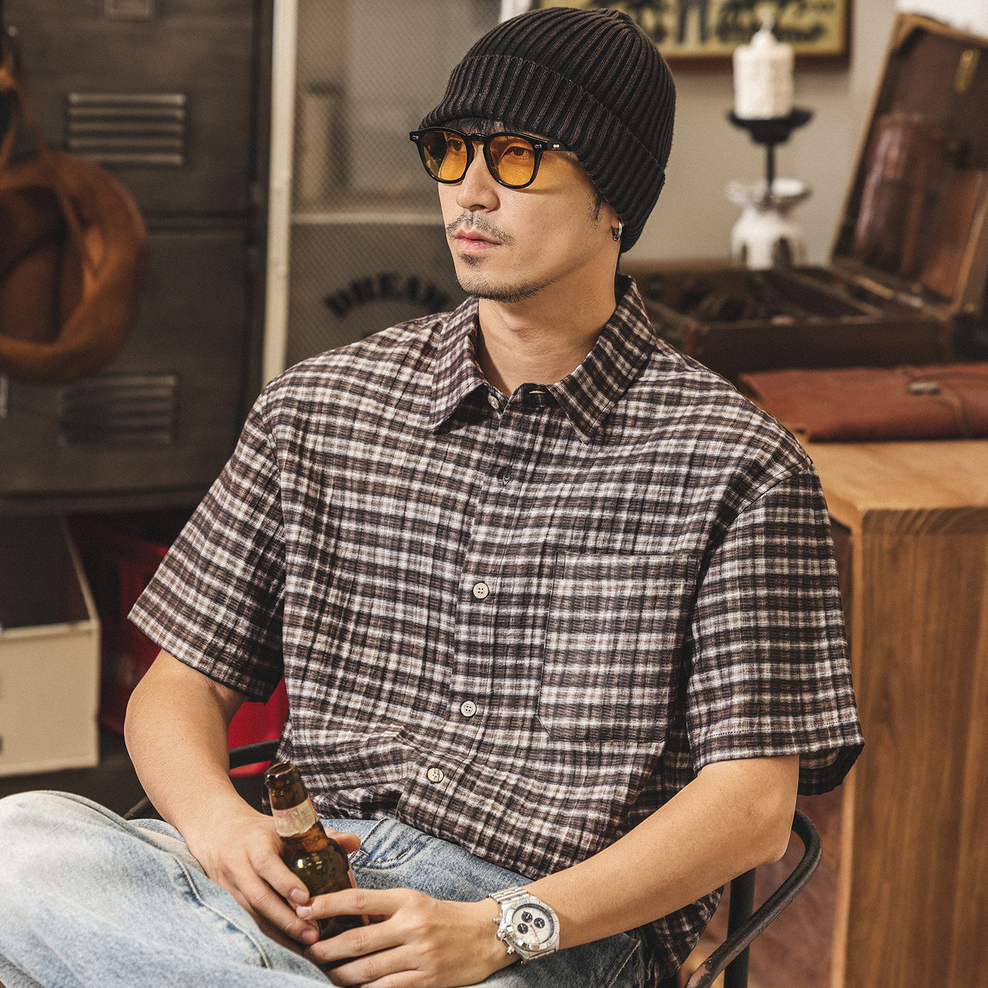 美式復古萊賽爾格子襯衫男短袖夏季薄款潮牌男裝寬鬆半袖男士襯衣