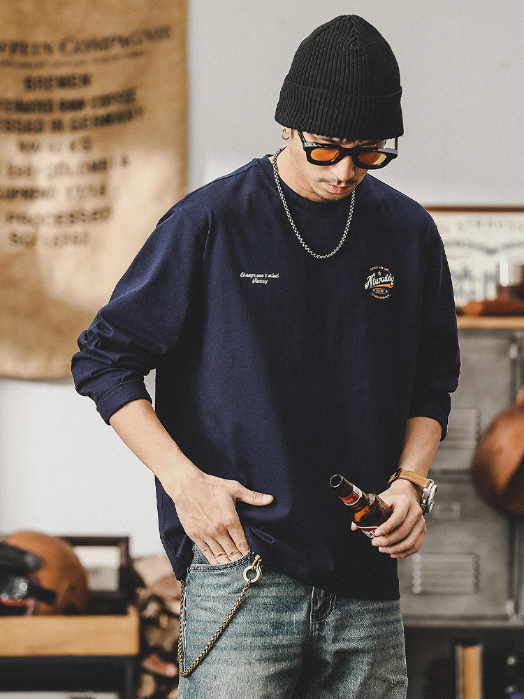 美式260g重磅T恤男長袖2024新款寬鬆簡約印花體恤男男士上衣