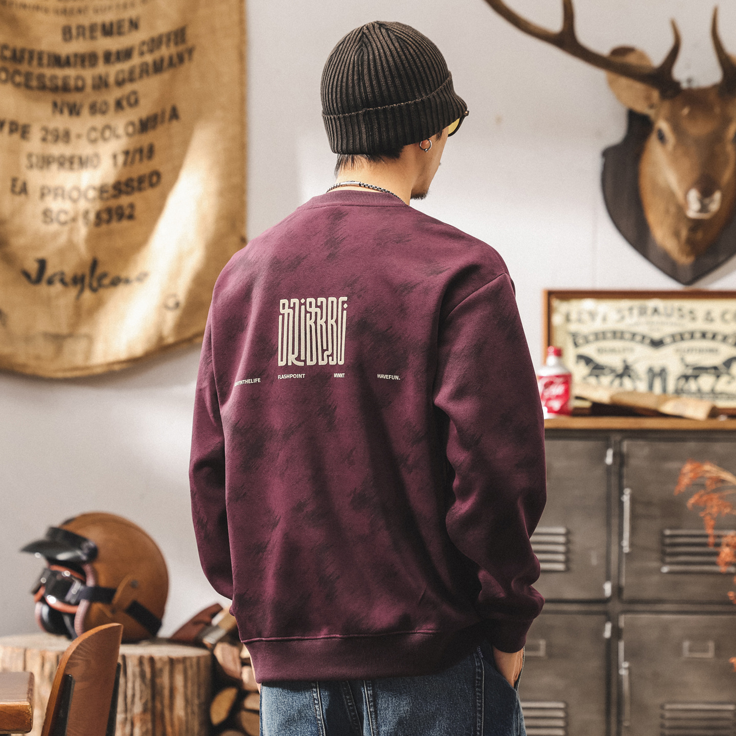 美式復古紫色重磅衛衣男春秋新款圓領寬鬆潮流休閒長袖秋季上衣男