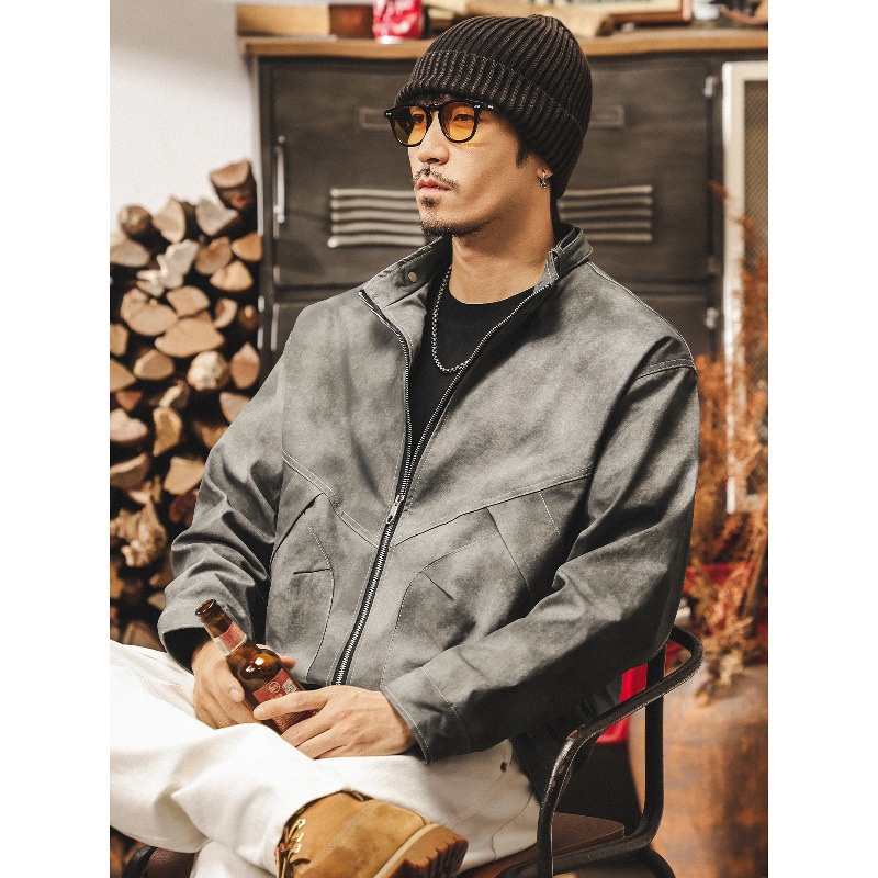 美式復古髒染潮流立領夾克男春秋2025新款寬鬆潮牌男士外套秋季潮