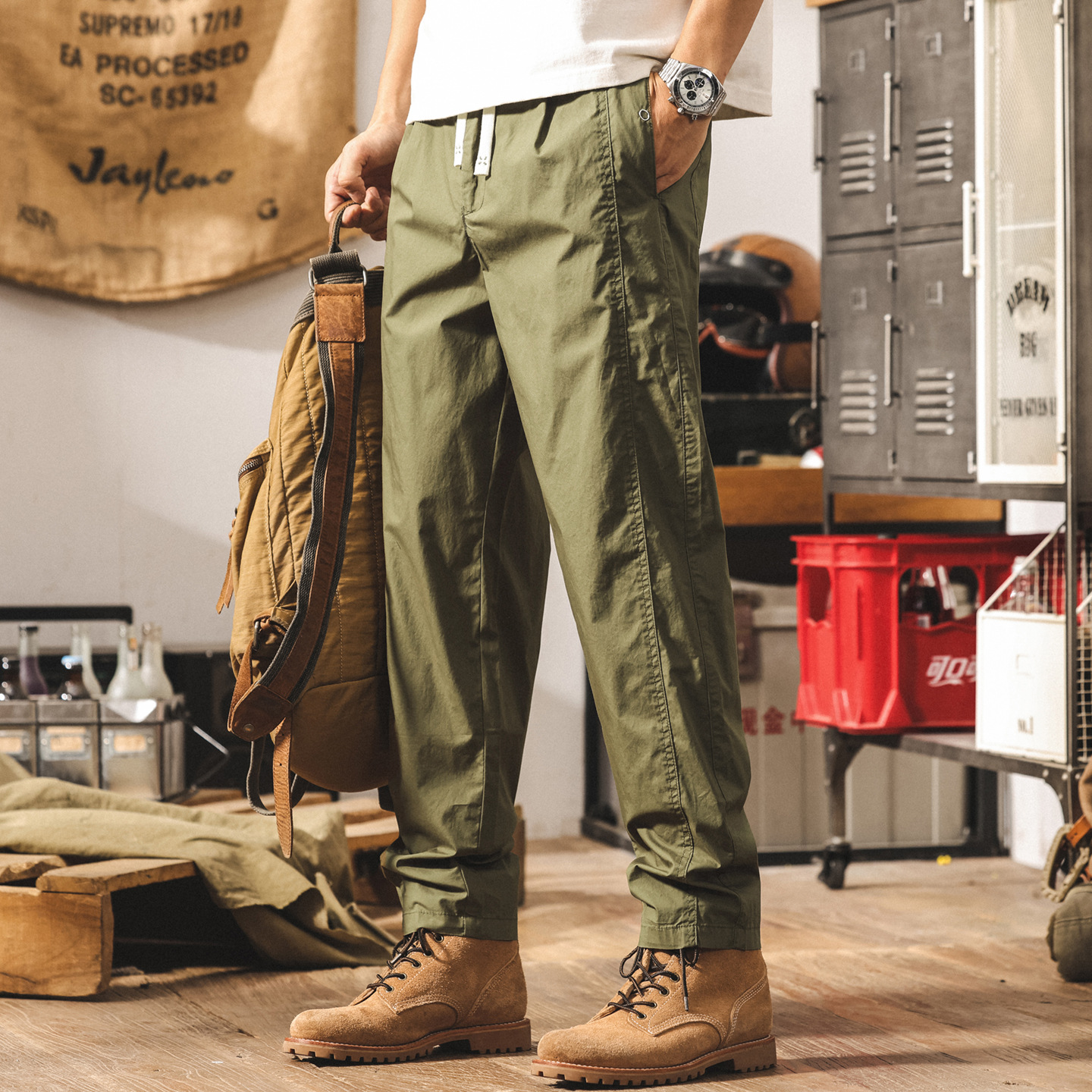 超薄軍綠色褲子男夏季新款潮牌美式戶外直筒哈倫褲寬鬆男士休閒褲