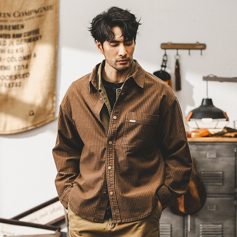 美式複古華夫格工裝襯衫男長袖寬松重磅襯衣戶外通勤男士秋季外套