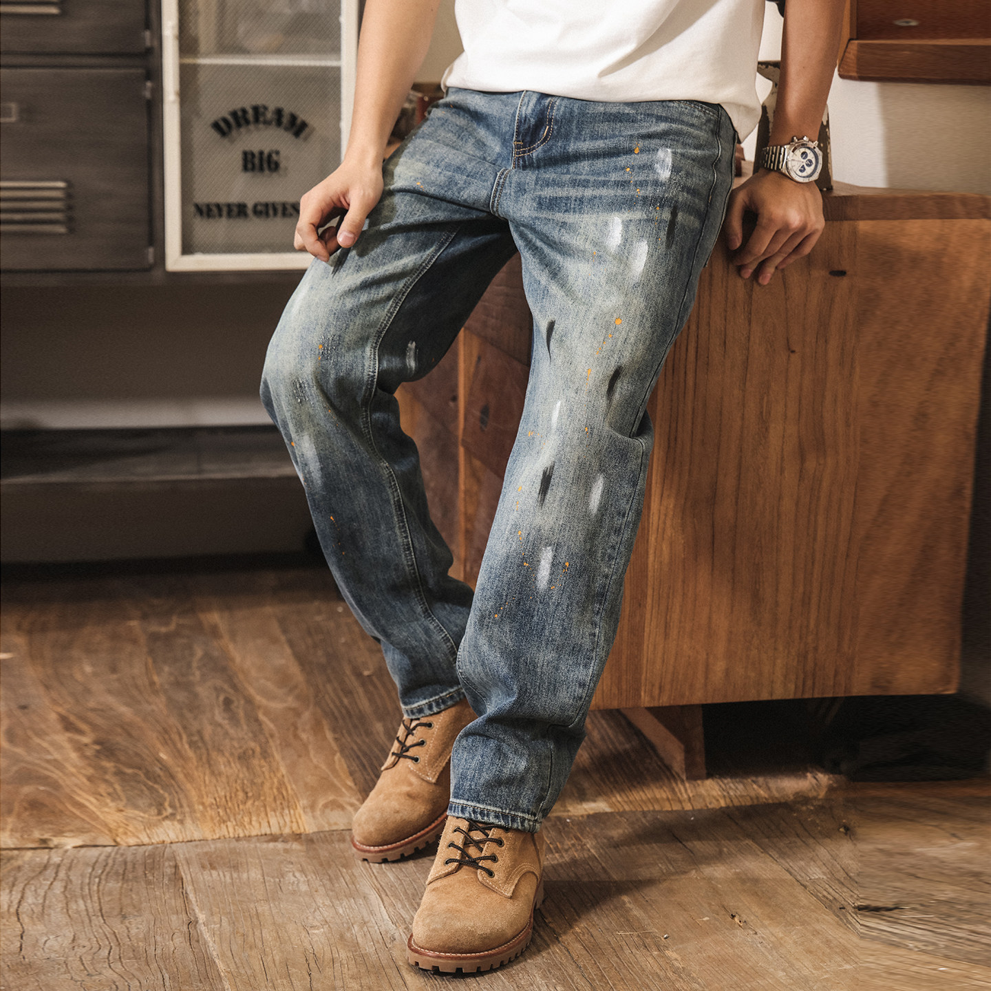 美式復古高街水洗潑墨牛仔褲男士春季潮牌新款寬鬆直筒休閒長褲子